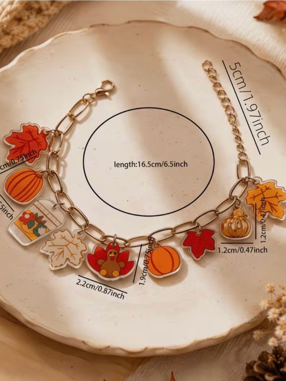 Oval Link Gold Tone Autumn Thanksgiving Dangle Charm Bracelet 16.5cm Extender